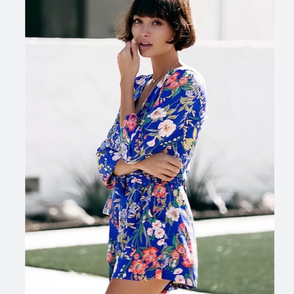 Yumi Kim Liz Silk Romper Blue Multicolor Floral Print LS Women’s Size S SOLD OUT - Picture 1 of 9